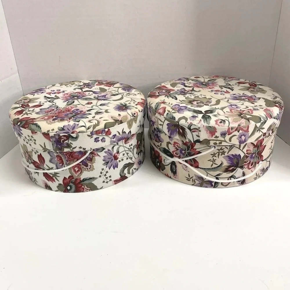 Vtg Floral Fabric Hat Boxes Set of 2 Round Storage Containers Shabby Chic 7.5